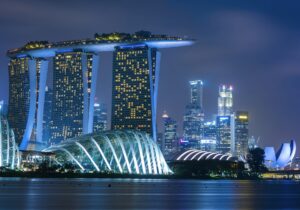 Singapore cityscape at dusk. Landscape of business modern building in Marina bay